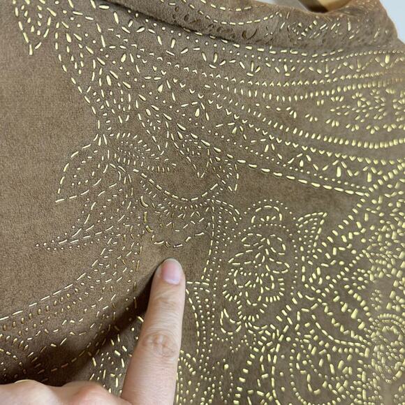 VTG Chicos Blazer Large Vegan Suede Tan embroidered Paisley Bohemian Open Front - Picture 8 of 10